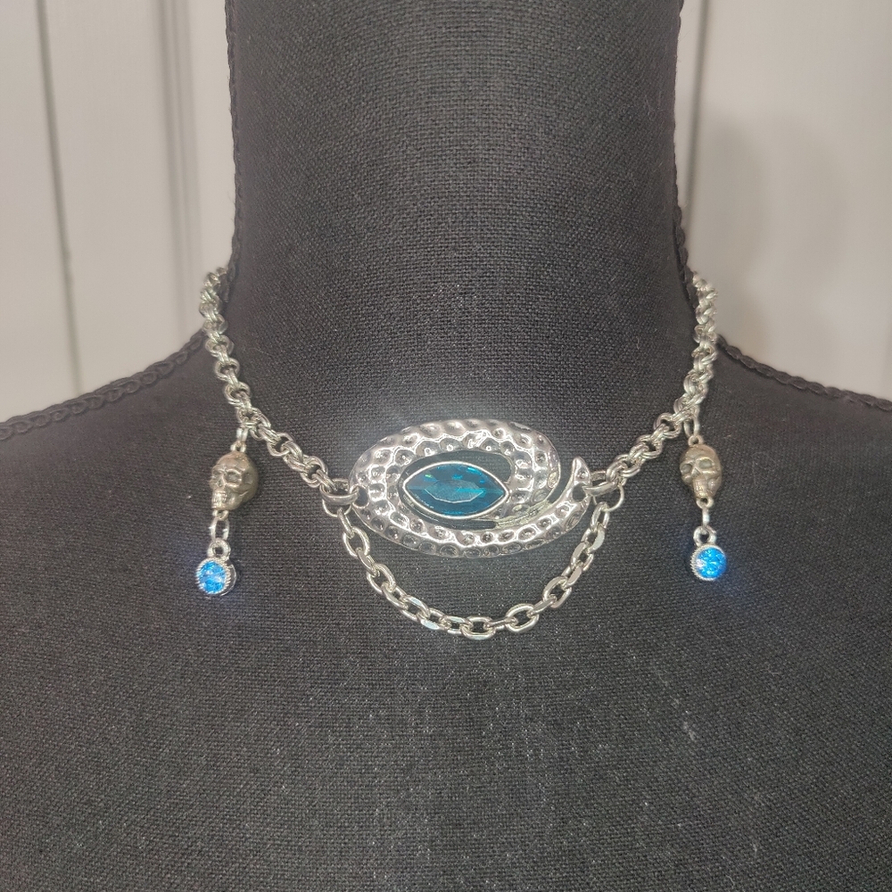 Handmade Silver Tone Skull Necklace Jewelry Blue Goth Emo Punk Pendant Swirl